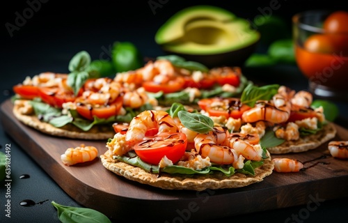 Puffed rice cakes topped with shrimp, avocado, and cherry tomatoes. A healthy seafood snack served on crispbread, with a diet food concept and organic basil. Generative AI 