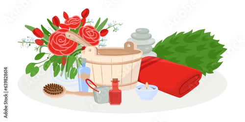 Sauna equipment for spa procedures vector illustration. Flower, towel, aromatherapy candles, soap, essential oils, towel and hairbrush. Wellness, self-care, mental peace concept