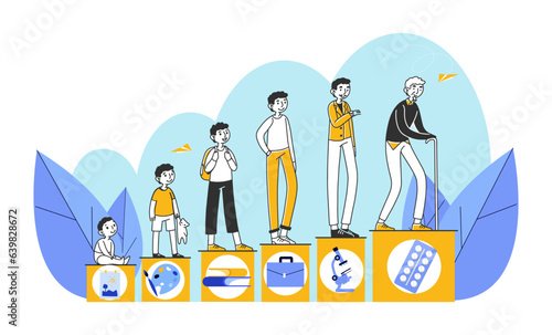 Different stages of man development vector illustration. Baby sitting, boy drawing, man studying and working, senior person taking medicine. Growth, children milestones concept