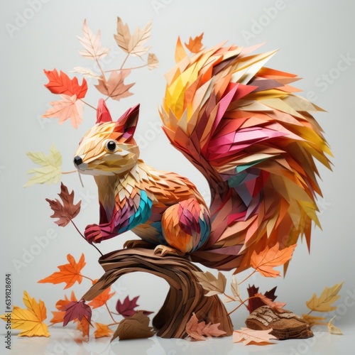 A playful squirrel, its lively origami form leaping from branch to branch in a tree made of folded paper