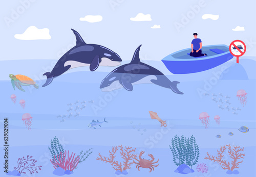 Killer whales swimming around tourist boat vector illustration. Wild mammals crashing into boat with scared man, causing accidents on water. Ban on boats approaching animals, danger, nature concept