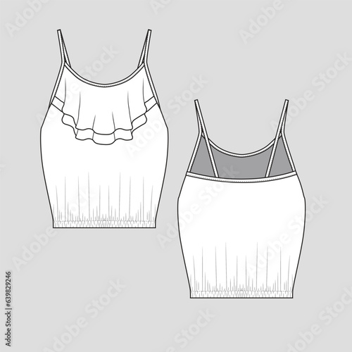 fashion Camisole ruffles top gahering hem double layer ruffles in neck womens cami flat sketch technical drawing design template vector