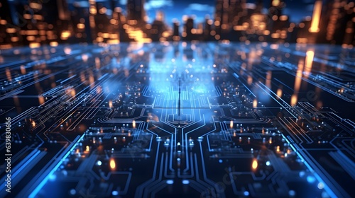 Technology circuit board background illuminated by blue light. generative AI . © Lucky Ai