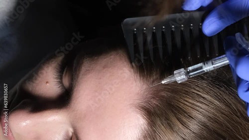 A trichologist in medical gloves gives a woman an injection against hair loss. Vertical video photo