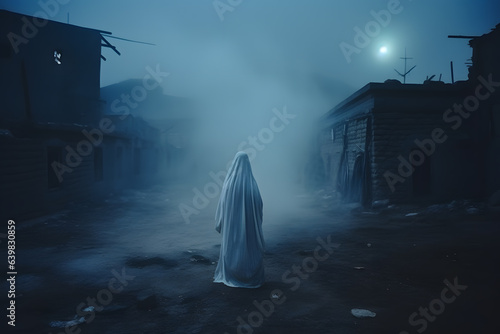 A ghost stand in abandoned site at night, Halloween concept.