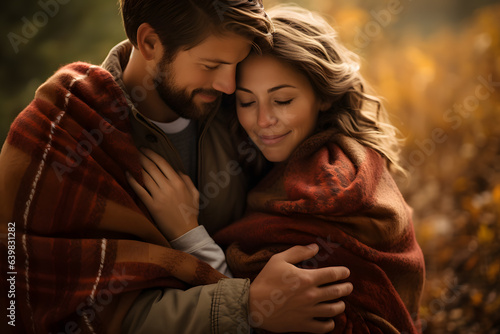 Beautiful couple with cozy blankets.Cozy Fall Vibes