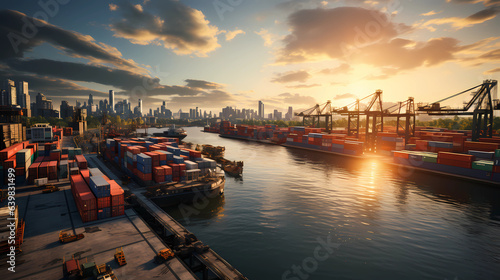 cargo containers in the harbor with sunset background
