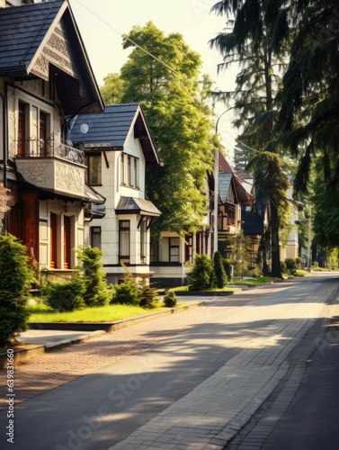 Street with traditional private houses. Residential architecture exterior.