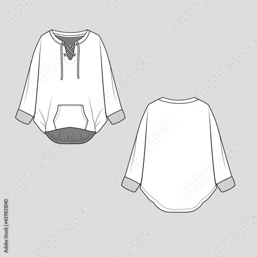 Womens criss cross lace tie up sweatshirt Hem Detail Kangaroo pouch pocket draw string long sleeve rib cuff dip hem autumn winter fashion Flat Sketch technical drawing template design vector