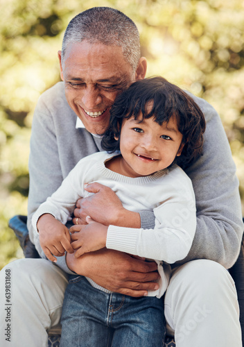 Boy, hug and portrait with senior man in park in support, summer break and Mexican nature. Kid, happy or child bonding with grandfather on garden bench for love, trust or together in backyard embrace © Mumtaaz D/peopleimages.com