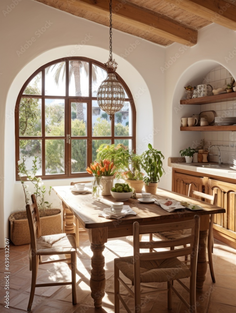 Traditional spanish interior design of kitchen with arched windows and door, wooden dining table and chairs