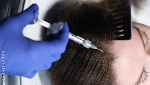  A trichologist in gloves gives a patient injections for the treatment of scalp problems photo