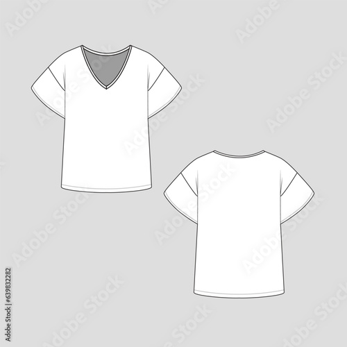 Women Drop Shoulder butterfly top V Neck t shirt blouse fashion tee cad  flat sketch technical drawing template design vector