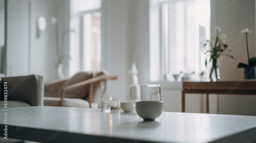 Copy space on a white tabletop in a modern white living room room. Copy space on a white tabletop in a modern white living room room.
