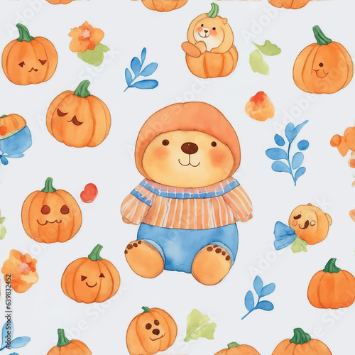 Cute baby bear and pumpkin fabric pattern