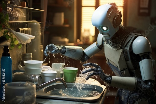 Robot robot washes dishes. Generated AI.