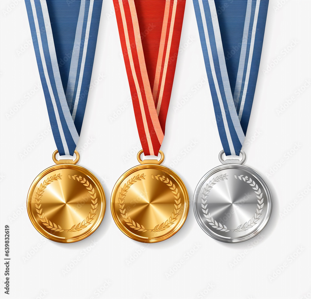 Set of award golden silver and bronze blank medals isolated on white and transparent background generative Ai Set of award golden silver and bronze blank medals isolated on white and transparent background generative Ai