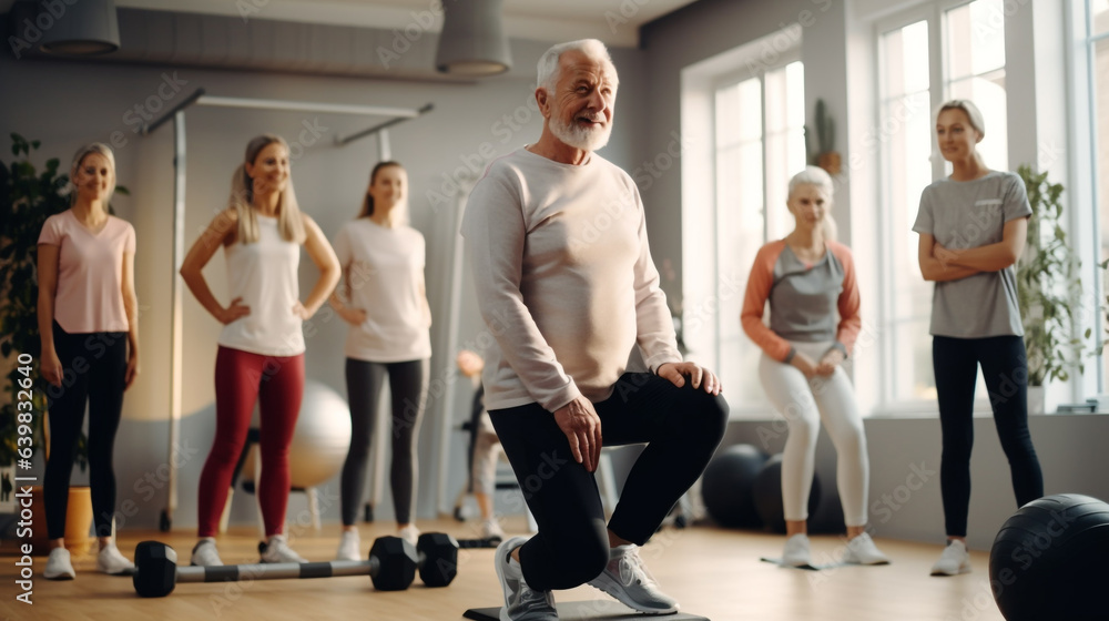 Senior group doing squat exercise with physiotherapist in gym. Elderly men and women having physiotherapy class, rehab course with trainer guide. Elderly people healthy lifestyle generative Ai Senior group doing squat exercise with physiotherapist in gym. Elderly men and women having physiotherapy class, rehab course with trainer guide. Elderly people healthy lifestyle generative Ai