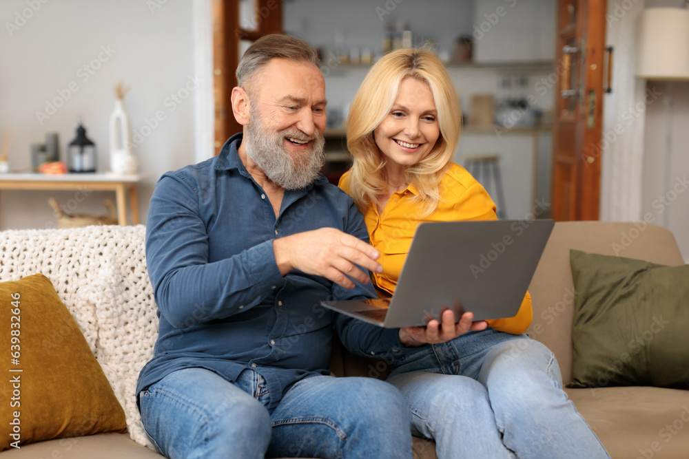 Happy couple of pensioners using laptop at home reading emails Happy couple of pensioners using laptop at home reading emails