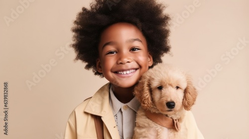 A cute African-American little boy and his dog as they pose together. Generative AI