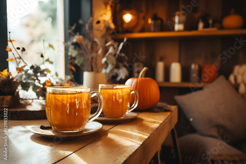 Cozy Fall Vibes  rustic interior with pumpkin decor  steaming mugs of hot drinks