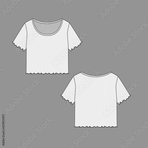Women Lettuce hem Crop Top  round neck t shirt blouse flat sketch technical drawing template design vector