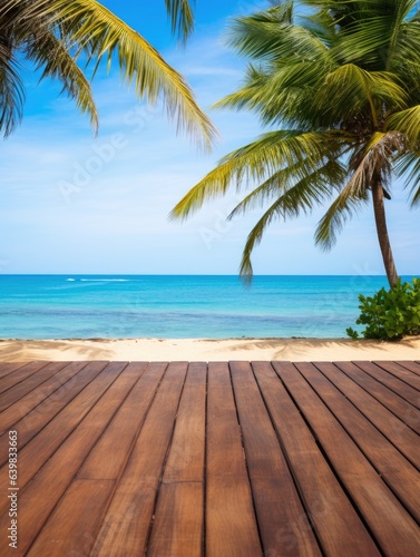 Wooden board on tropical beach. Sand and blue sky with palm leaf. Summer rest background.