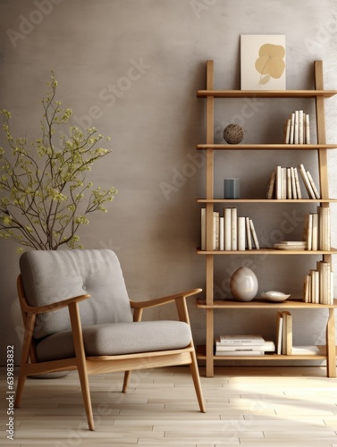 Wooden bookshelf and armchair. Scandinavian interior design of modern living room © Interior Design
