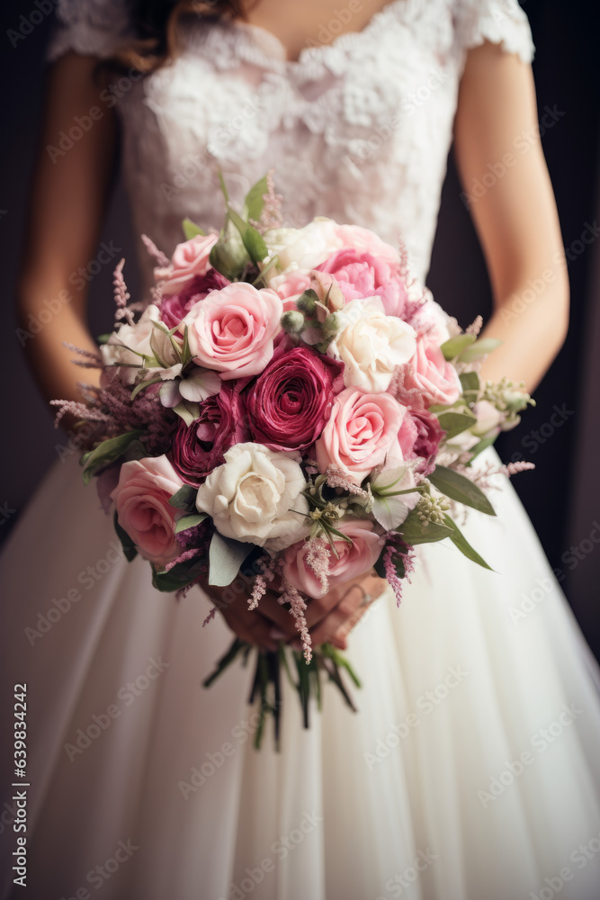 Bridal bouquet: Bride is holding a beautiful flower bouquet, close-up view