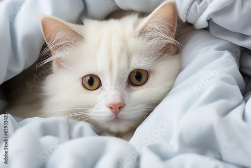 little cute white baby kitty in the bedsheet