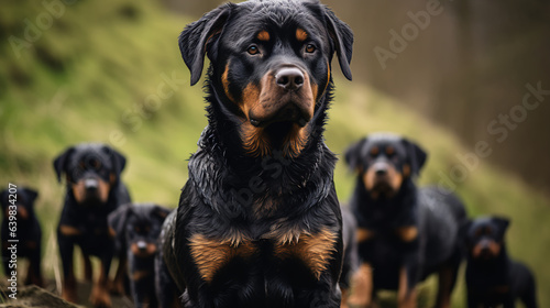 A brave Rottweiler standing guard and protecting its family with unwavering loyalty.