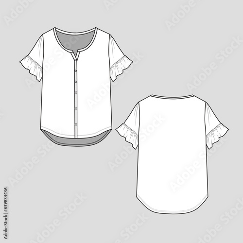 Womens Ruffle Sleeve Henley top high  low dip hem Ruffles detail  henley neck full open button panel placket t shirt blouse fashion tee  flat sketch technical drawing template design vector