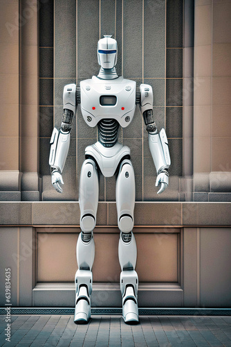 Digital image of an artificially intelligent robot in front of a wall