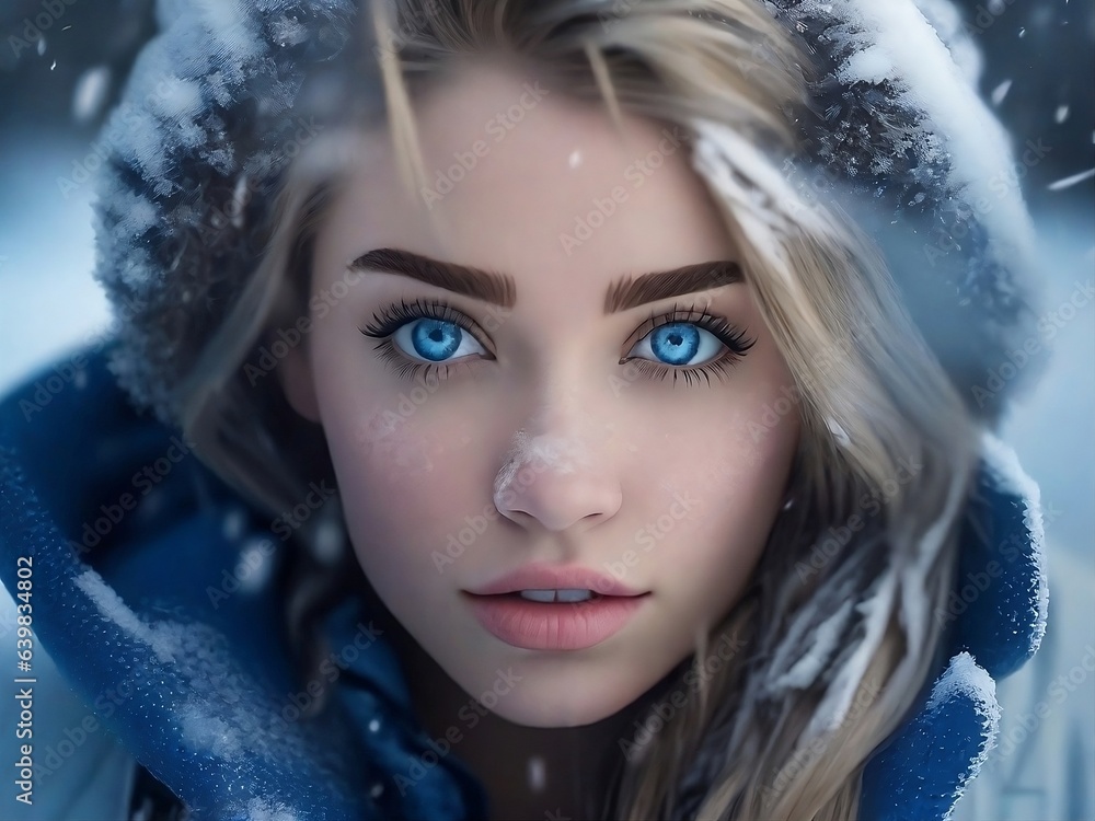 portrait of a woman in winter with blue eyes and winter dress