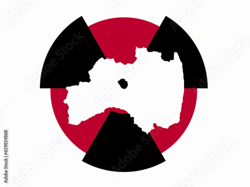 Double exposure of Fukushima, Japan on a map with nuclear radiation warning signs and pouring water into the sea. nuclear wastewater. emission. Ecological damage. chemical pollution. environmental