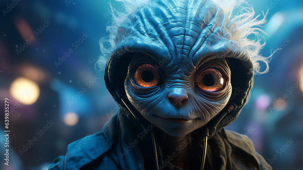 portrait of an alien with big eyes on a foggy blurry background futuristic science person portrait of an alien with big eyes on a foggy blurry background futuristic science person