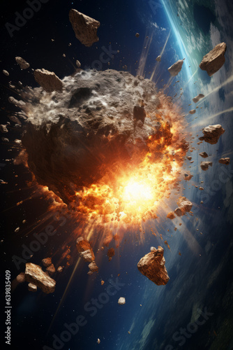 Giant meteorite impacts on earth, asteroid in collision with earth view from space
