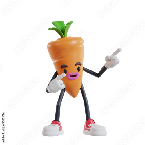 cartoon carrot character point two fingers up left, 3d illustration of carrot