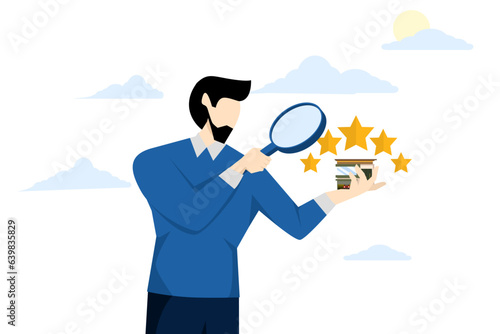 concept of property valuation or price evaluation, housing valuation for market value, housing sale, real estate valuation or review, entrepreneur appraiser reviewing property with star rating.