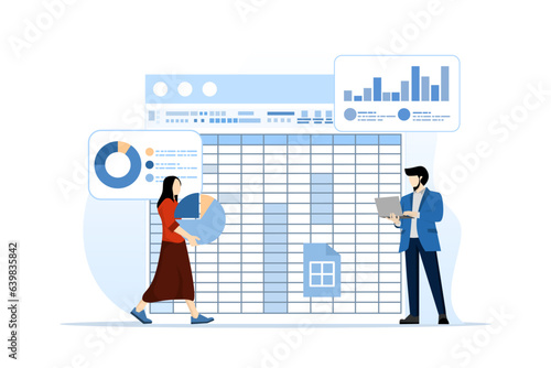 accounting and finance audit concept, create spreadsheet reports. calculate budget, profit and loss, generate report graph from data, professional, business accountant with spreadsheet report.