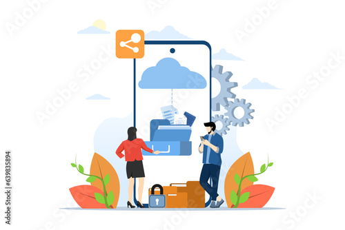 business technology storage cloud computing service concept, administrator and developer team working in cloud. business people working online are connected through the cloud from anywhere. © FAHMI