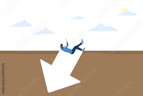 High risk investment concept, financial difficulties, business or stock depreciation, defeat and failure, economic crisis, lost strategy, man falling into down arrow shaped hole.