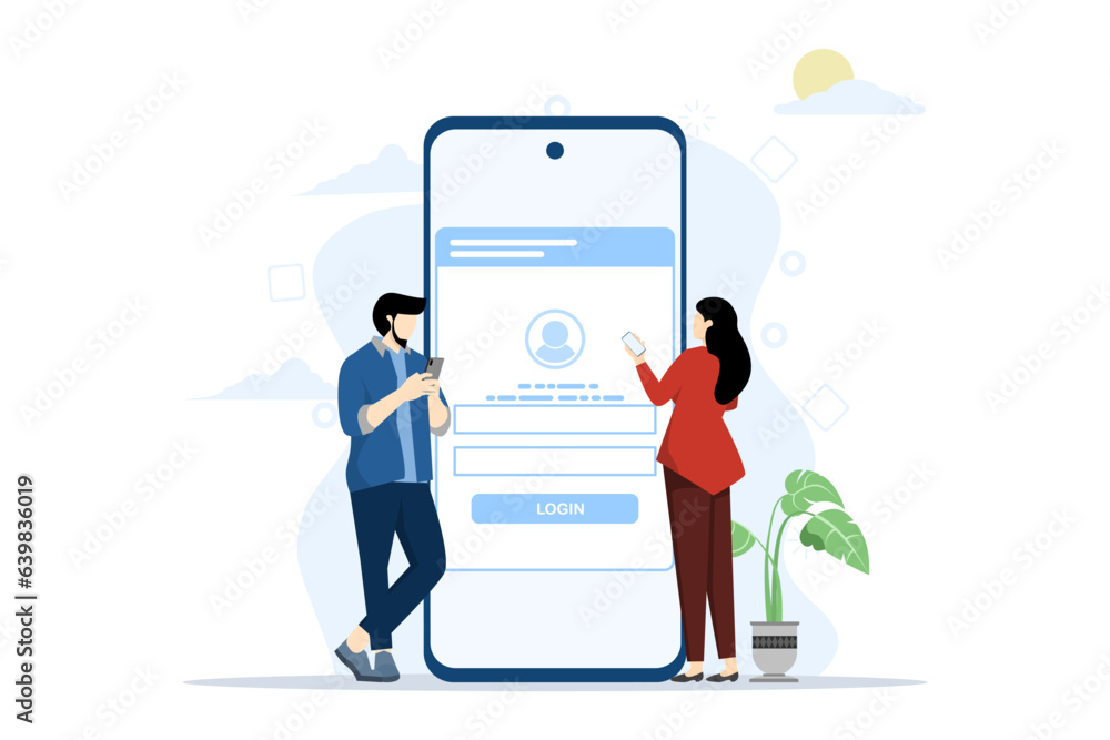 Flat vector developer team setup for user login app with mobile concept, online login form, login page. User profile, access to account concept. Flat vector illustration on a white background. Flat vector developer team setup for user login app with mobile concept, online login form, login page. User profile, access to account concept. Flat vector illustration on a white background.