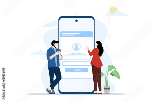 Flat vector developer team setup for user login app with mobile concept, online login form, login page. User profile, access to account concept. Flat vector illustration on a white background.