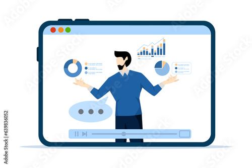 Explanatory video tutorials or online training courses, expertise explaining online business strategy, educational films or videos, entrepreneur expert explaining business pie chart in video interface