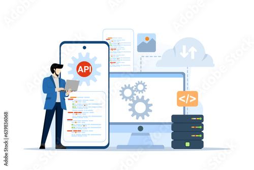 API Application programming interface concept of online gear engine coding service. Software development tools, information technology, modern technology, internet and network concept.