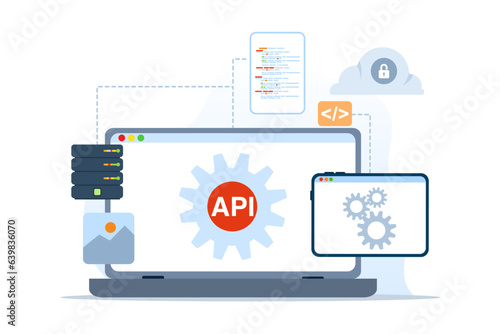 API Application programming interface concept of online gear engine coding service. Software development tools, information technology, modern technology, internet and network concept.