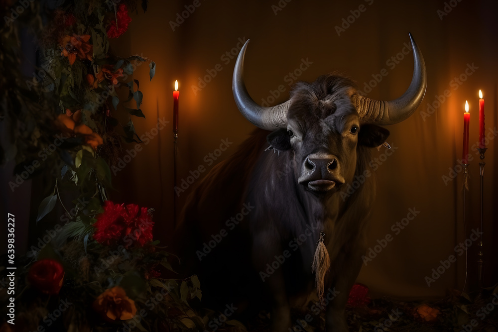 Spooky portrait of a buffalo in a Halloween setup in studio, dramatic lighting. Created with generative AI