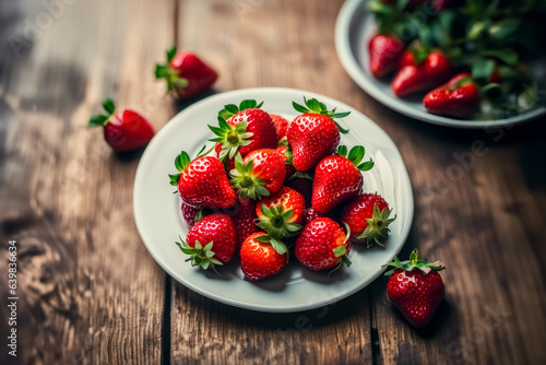 Piatto di frutta  fragole su tavolo di legno