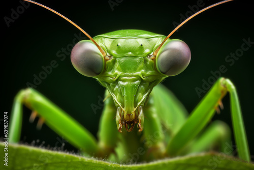 Macro photography of a mantis on a leaf, green on green © Guido Amrein